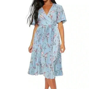PrettyLittleThing Dusty Blue Floral Pleated Midi Dress-NWOT